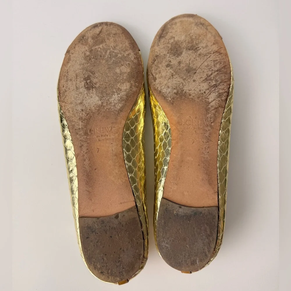 J.Crew Metallic Gold Snakeskin‎ Leather Flats Tan Cap Toe T Strap Sz 7